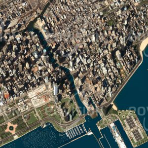 Das Satellitenbild "CHICAGO - USA" ist dem Bildband "HUMAN FOOTPRINT - Satellitenbilder dokumentieren menschliches Handeln" entnommen. Bildbeschreibung: Die drittgrößte Stadt der USA beeindruckt mit Wolkenkratzern am Chicago River, während Yachthafen, ein Vergnügungspark und eine Wasseraufbereitungsanlage in den See ragen.