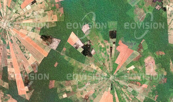 Das Satellitenbild "SANTA TERESA - Bolivien" ist dem Bildband "HUMAN FOOTPRINT - Satellitenbilder dokumentieren menschliches Handeln" entnommen. Bildbeschreibung: Seit Mitte der 1980er Jahre wurden im Rah­men des Tierras-Baja-Projekts der bolivia­nischen Regierung Menschen vom Altiplano nach Ostbolivien umgesiedelt. Von den gleich­mäßig angeordneten Dorfzentren ausgehend breiten sich wie hier bei San Julián Rodungs­sektoren in den tropischen Trockenwald aus, auf denen unter anderem Sojabohnen und Sonnenblumen angebaut werden. Das stern­förmige Muster von reifen und geernteten Feldern ist von Urwaldresten umgeben.