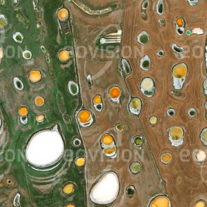 Das Satellitenbild "BEAUMONT - Australien" ist dem Bildband "HUMAN FOOTPRINT - Satellitenbilder dokumentieren menschliches Handeln" entnommen. Bildbeschreibung: Neben dem trockenen Klima hat die Landwirtschaft im Südwesten Australiens stark mit der Versalzung der Böden zu kämpfen. Weite Ackerflächen sind mit Salztümpeln durchsetzt, die von Algen unterschiedlich gefärbt sind und beim Verdunsten des Wassers helle Salzkrusten ausbilden.