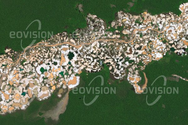 Das Satellitenbild "MADRE DE DIOS - Peru" ist dem Bildband "NEW HUMAN FOOTPRINT - Unsere Welt im Umbruch" entnommen. Bildbeschreibung: In Madre de Dios im peruanischen Teil des Amazonasbeckens haben spanische Eroberer schon im Jahr 1556 Goldvorkom­men entdeckt. Die Flüsse schwemmten Gold aus den Bergen und lagerten es in den Flusssedimenten ab. Diese werden seit dem 19. Jahrhundert ausgebeutet. Heute werden von Zehntausenden Goldwäschern illegale Goldminen betrieben, wobei das Gold mittels hochgiftigem Quecksilber gewonnen wird. Um die Flüsse sind weite Landstriche verwüstet, einhergehend mit Biodiversitäts­verlust und existenzbedrohenden Problemen für die indigene Bevölkerung.