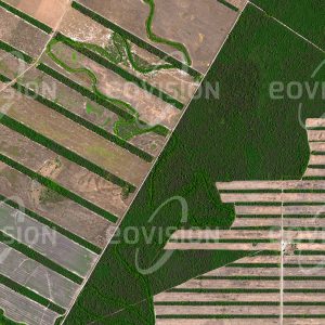 Das Satellitenbild "SANTA CRUZ - Bolivien" ist dem Bildband "NEW HUMAN FOOTPRINT - Unsere Welt im Umbruch" entnommen. Bildbeschreibung: In Bolivien wurde in den 1980er-Jahren da­mit begonnen, große Teile der Provinz Santa Cruz auf beiden Seiten des Río Grande oder Guapai zu besiedeln und landwirtschaftlich zu nutzen. Die flache Ebene um den Fluss war bis in die 1960er-Jahre von unberühr­tem, tropischem Trockenwald bedeckt. Heute sind über die Fläche Siedlungen mit kleineren Feldern verstreut, dazwischen liegen ausgedehnte, rechteckige Sojafelder. Verbliebene Waldstreifen zwischen den Fel­dern dienen als Wind- und Erosionsschutz.