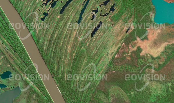 Das Satellitenbild "RÍO MAMORÉ - Bolivien" ist dem Bildband "UNTOUCHED NATURE - Naturlandschaften in Satellitenbildern" entnommen. Bildbeschreibung: Sukzessive Verlagerung des Flusslaufs erzeugen charakteristische Strukturen im Schwemmland. Bäume finden sich in diesem sumpfigen Terrain nur in höher gelegenen Bereichen.