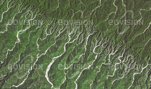 Das Satellitenbild "RAJAJI - Indien" ist dem Bildband "UNTOUCHED NATURE - Naturlandschaften in Satellitenbildern" entnommen. Bildbeschreibung: Die Reste der auf den südlichen Vorgebirgen des Himalajas ursprünglich weit verbreiteten Salwälder bieten unter anderem Bengalischen Tigern, Asiatischen Elefanten und Indischen Leoparden Lebensraum. Die Erosionsmuster an beiden Seiten der Wasserscheide im Nati­onalpark Rajaji lassen gut erkennen, dass die Monsunregen hauptsächlich von Süden kom­men. Hier ist das Geflecht der Abflussrinnen vor allem nahe dem Kamm deutlich dichter und die Flussbette sind breiter ausgelegt.