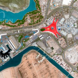 Das Satellitenbild "YAS ISLAND - Vereinigte Arabische Emirate" ist dem Bildband "WÜSTEN - Lebensraum der Extreme" entnommen. Bildbeschreibung: Abu Dhabis Stadtentwicklungsprojekt Yas Island wurde im Jahr 2006 gestartet. Heute bietet die Insel mit Ferrari World, Yas Waterworld und SeaWorld auf umfangreichen Flächen Freizeiteinrichtungen und Vergnügungsparks an. Rekorde wurden für die größte je gebaute Fachwerkstruktur und für die schnellste Achterbahn der Welt erzielt. Mit dem Yas Marina Circuit, der Formel-1-Strecke für den Grand Prix von Abu Dhabi, erreicht der Stadtteil auch internationale Aufmerksamkeit.